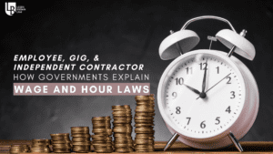 A clock and stacks of coins with the words " time, gig & payment contractor governments explain second hour laws ".